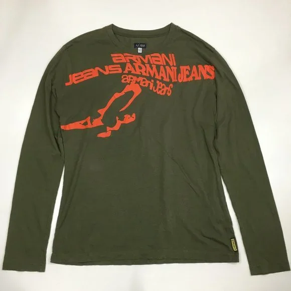 AJ ARMANI JEANS Green Orange/Red'ish Logo Print Long Sleeve Shirt - Picture 1 of 7